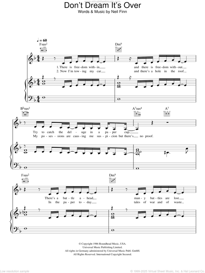 Don't Dream It's Over sheet music for voice, piano or guitar by Susan Boyle, Crowded House and Neil Finn, intermediate skill level