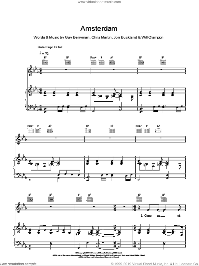 Amsterdam sheet music for voice, piano or guitar by Coldplay, Chris Martin, Guy Berryman, Jon Buckland and Will Champion, intermediate skill level