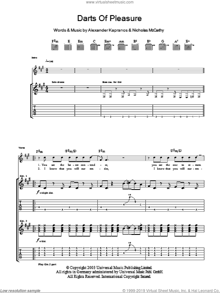 Darts Of Pleasure sheet music for guitar (tablature) by Franz Ferdinand, Alexander Kapranos and Nicholas McCarthy, intermediate skill level