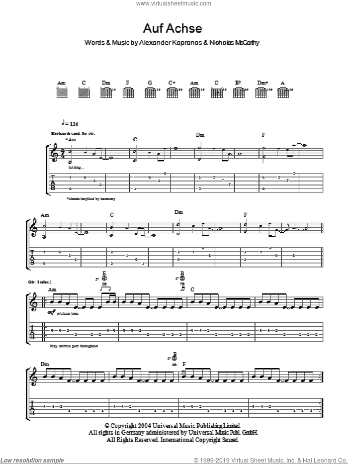 Auf Achse sheet music for guitar (tablature) by Franz Ferdinand, Alexander Kapranos and Nicholas McCarthy, intermediate skill level