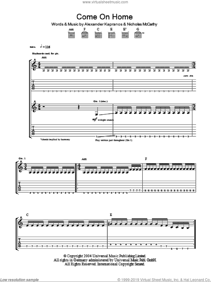 Come On Home sheet music for guitar (tablature) by Franz Ferdinand, Alexander Kapranos and Nicholas McCarthy, intermediate skill level