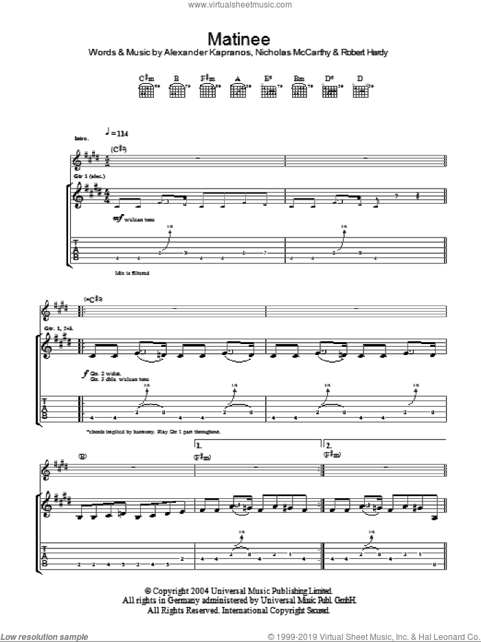 Matinee sheet music for guitar (tablature) by Franz Ferdinand, Alexander Kapranos, Nicholas McCarthy and Robert Hardy, intermediate skill level