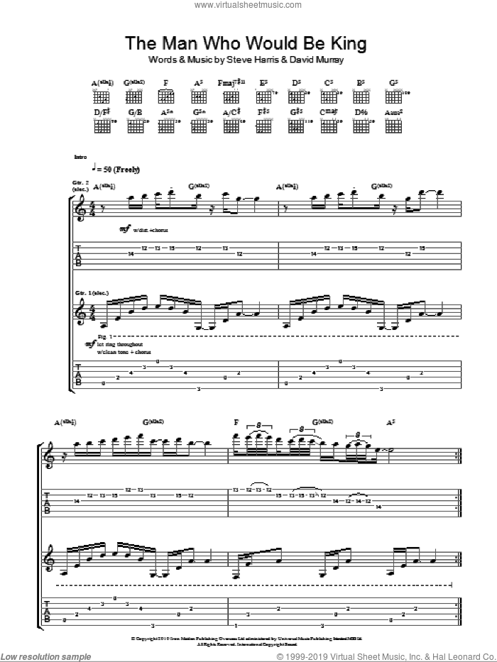 The Man Who Would Be King sheet music for guitar (tablature) by Iron Maiden, David Murray and Steve Harris, intermediate skill level