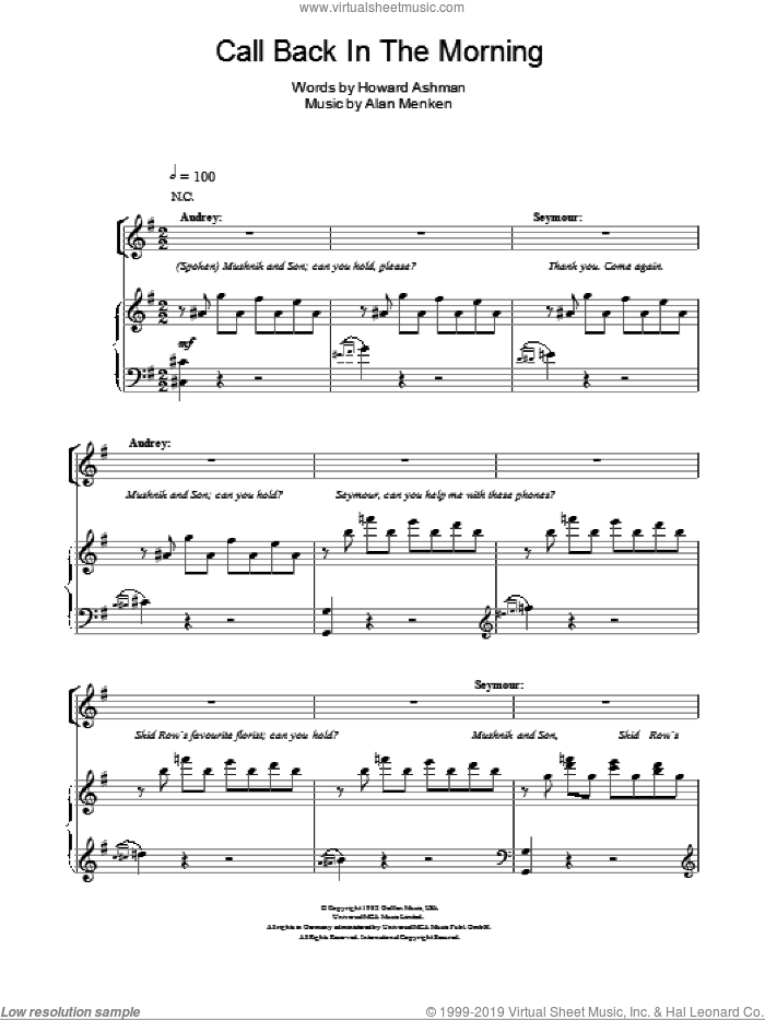 Call Back In The Morning sheet music for voice, piano or guitar by Howard Ashman, Little Shop Of Horrors (Musical) and Alan Menken, intermediate skill level