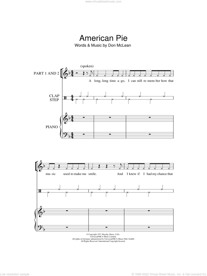 American Pie (arr. Rick Hein) sheet music for choir (2-Part) by Don McLean and Rick Hein, intermediate duet