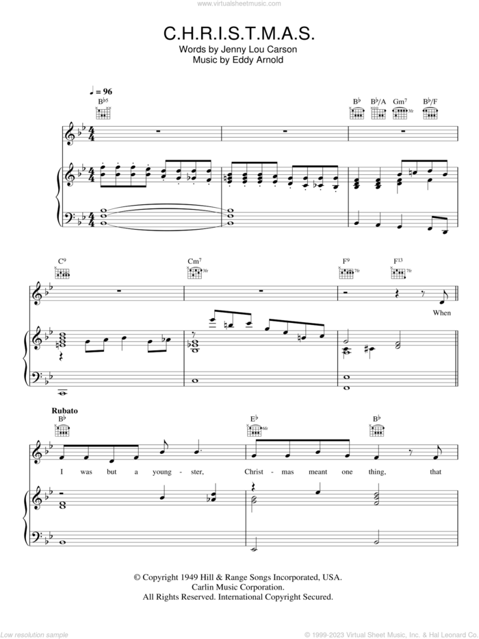 C-H-R-I-S-T-M-A-S sheet music for voice, piano or guitar by Perry Como, Eddy Arnold and Jenny Lou Carson, intermediate skill level