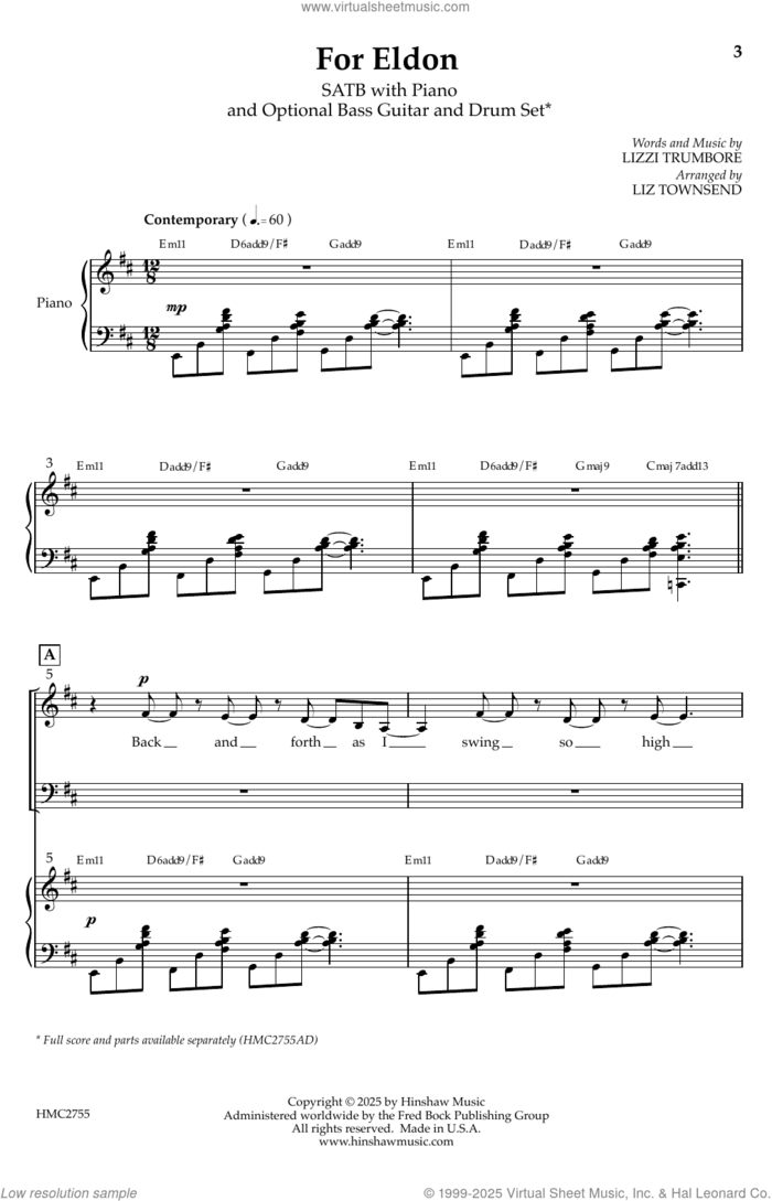 For Eldon (arr. Liz Townsend) sheet music for choir (SATB: soprano, alto, tenor, bass) by Lizzi Trumbore and Liz Townsend, intermediate skill level