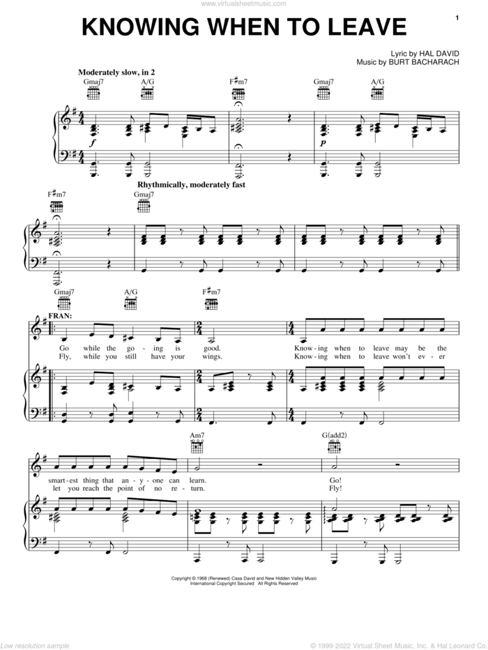 Knowing When To Leave (from Promises, Promises) sheet music for voice, piano or guitar by Bacharach & David, Promises, Promises (Musical), Burt Bacharach and Hal David, intermediate skill level