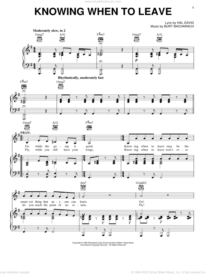 Knowing When To Leave (from Promises, Promises) sheet music for voice, piano or guitar by Bacharach & David, Promises, Promises (Musical), Burt Bacharach and Hal David, intermediate skill level