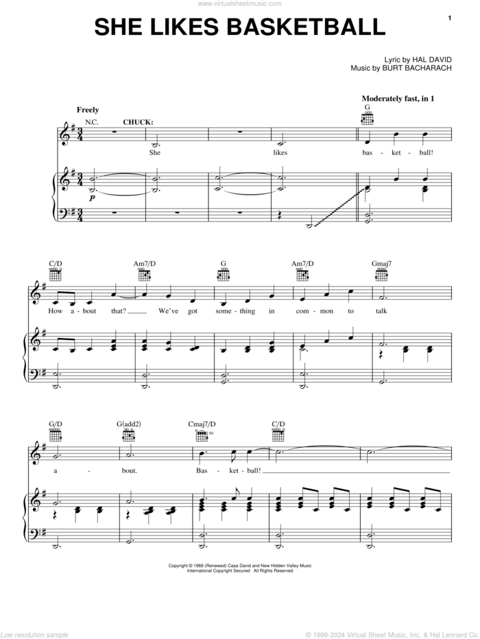 She Likes Basketball sheet music for voice, piano or guitar by Bacharach & David, Promises, Promises (Musical), Burt Bacharach and Hal David, intermediate skill level