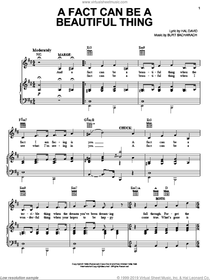 A Fact Can Be A Beautiful Thing sheet music for voice, piano or guitar by Bacharach & David, Promises, Promises (Musical), Burt Bacharach and Hal David, intermediate skill level