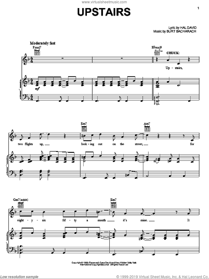 Upstairs sheet music for voice, piano or guitar by Bacharach & David, Promises, Promises (Musical), Burt Bacharach and Hal David, intermediate skill level