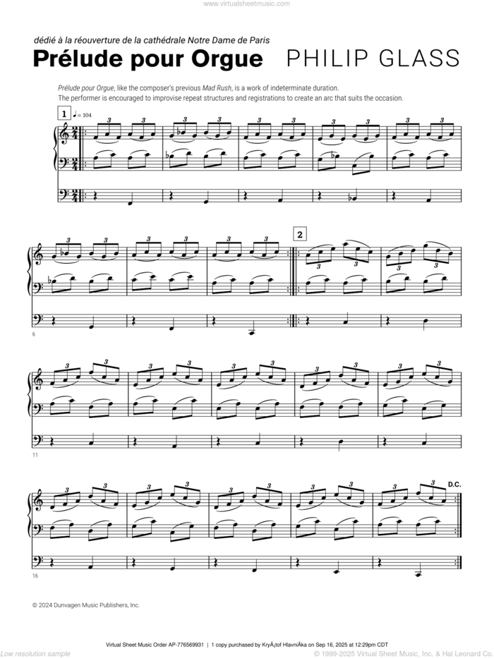 Prelude pour Orgue sheet music for organ by Philip Glass, classical score, intermediate skill level