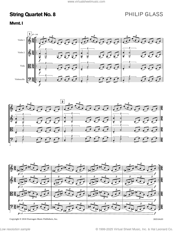 String Quartet No. 8 sheet music for string quartet (violin, viola, cello, full score) by Philip Glass, classical score, intermediate skill level