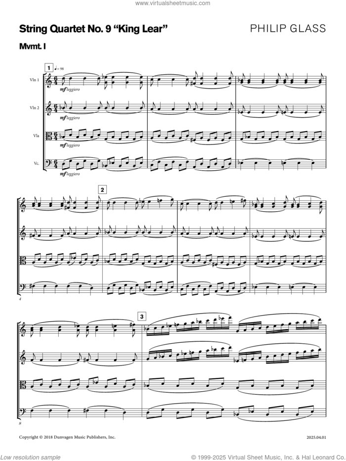 String Quartet No. 9 sheet music for string quartet (violin, viola, cello, full score) by Philip Glass, classical score, intermediate skill level
