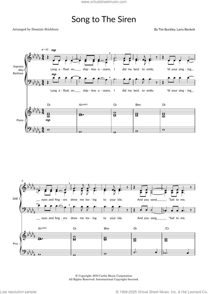 Song To The Siren (arr. Dom Stichbury) sheet music for choir (SAB: soprano, alto, bass) by Tim Buckley, Dom Stichbury and Larry Beckett, intermediate skill level