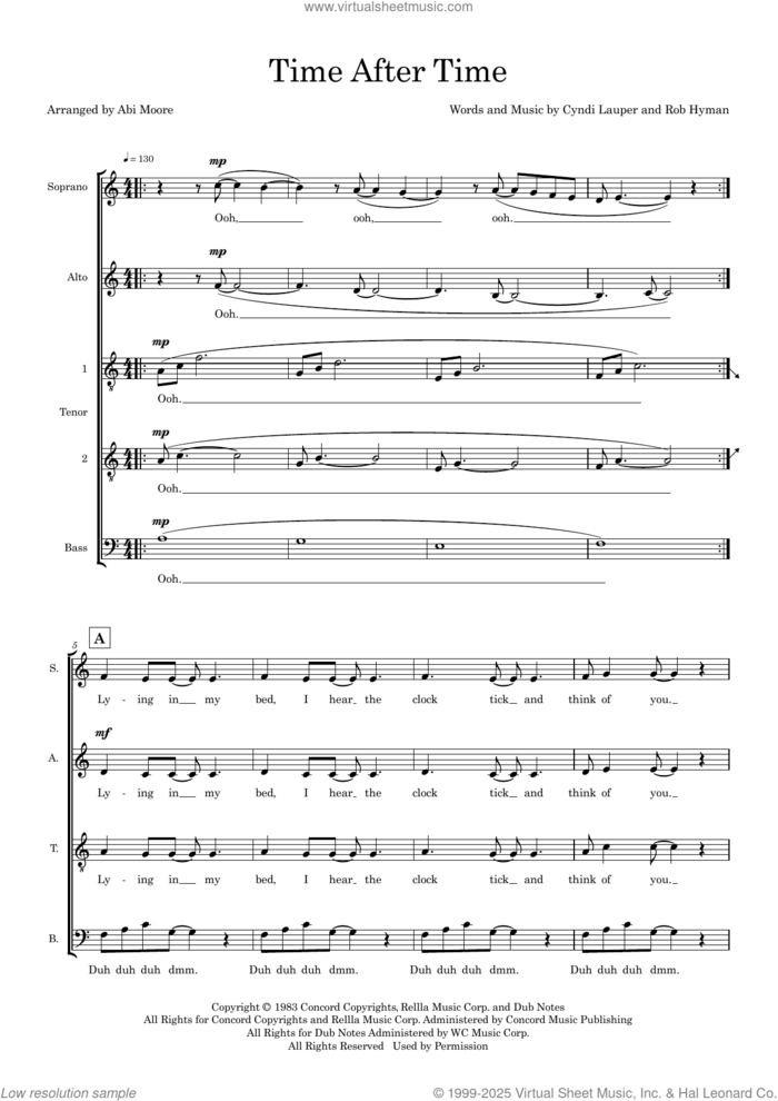 Time After Time (arr. Abi Moore) sheet music for choir (SATTB) by Cyndi Lauper, Abi Moore and Rob Hyman, intermediate skill level
