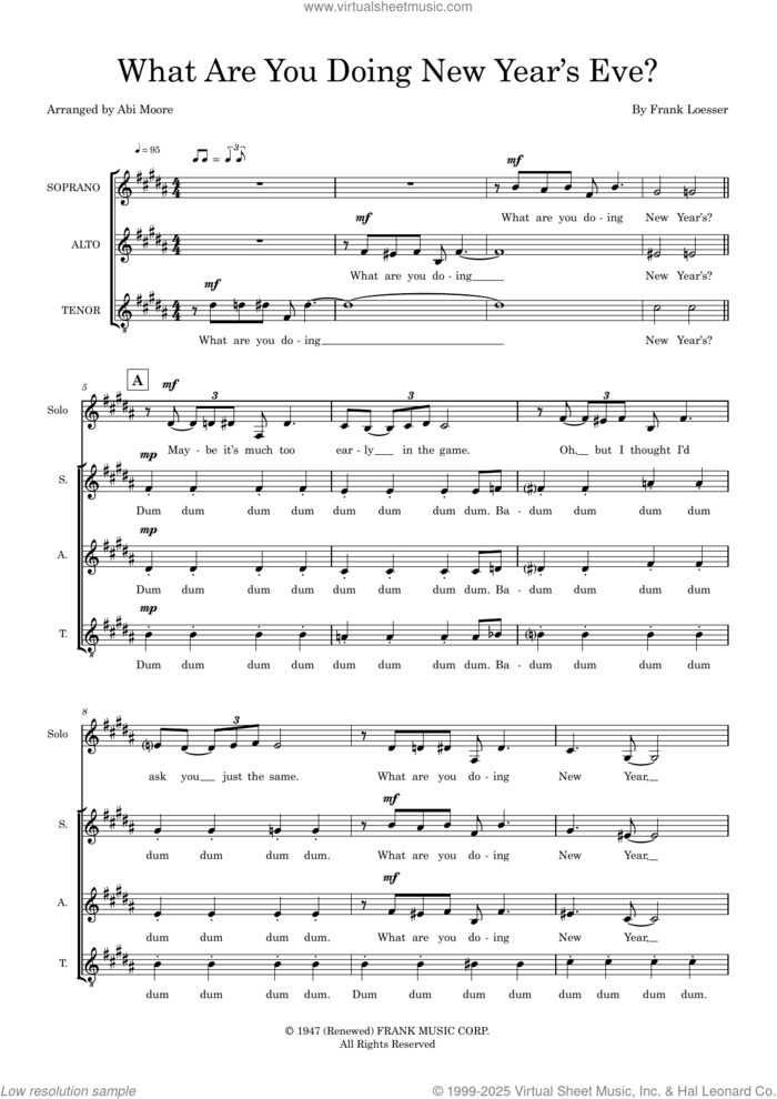 What Are You Doing New Years Eve (arr. Abi Moore) sheet music for choir (SAAT) by Ella Fitzgerald, Abi Moore and Frank Loesser, intermediate skill level