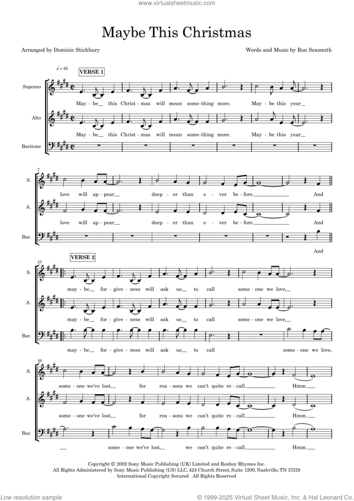 Maybe This Christmas (arr. Dom Stichbury) sheet music for choir (SAB: soprano, alto, bass) by Ron Sexsmith and Dom Stichbury, intermediate skill level