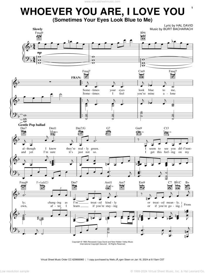 Whoever You Are, I Love You (Sometimes Your Eyes Look Blue To Me) sheet music for voice, piano or guitar by Bacharach & David, Promises, Promises (Musical), Burt Bacharach and Hal David, intermediate skill level