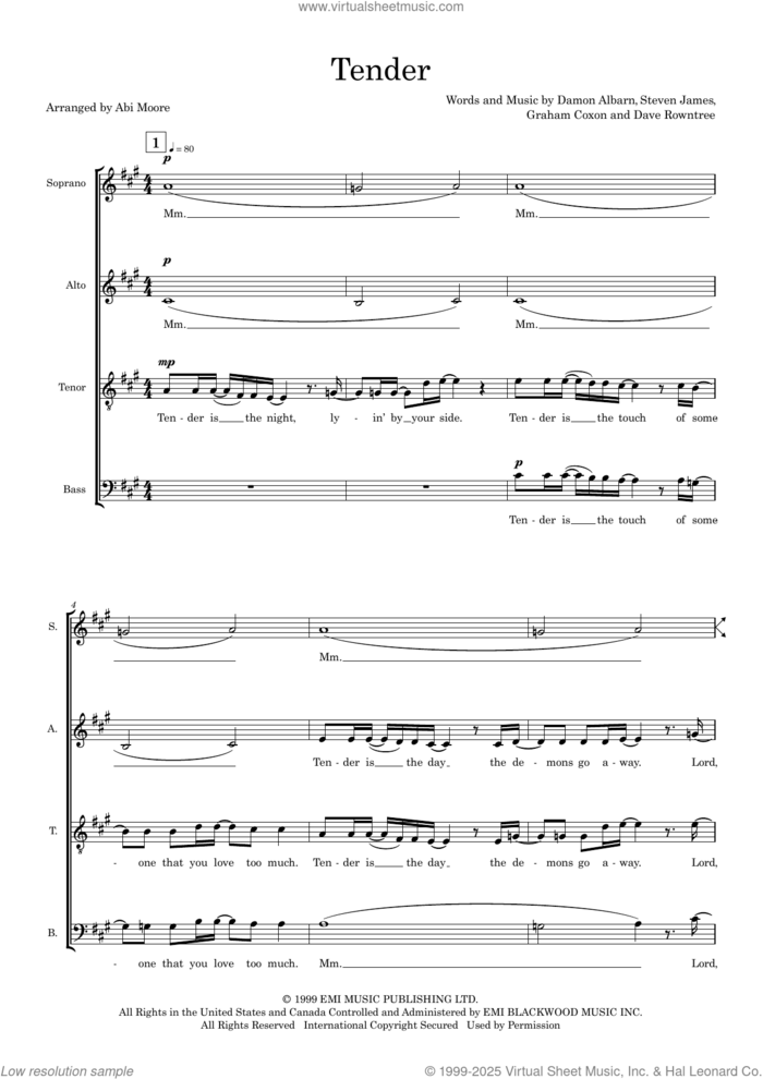 Tender (arr. Abi Moore) sheet music for choir (SSAATTB) by Blur, Abi Moore, Alex James, Damon Albarn, David Rowntree, Graham Coxon and Steven James, intermediate skill level