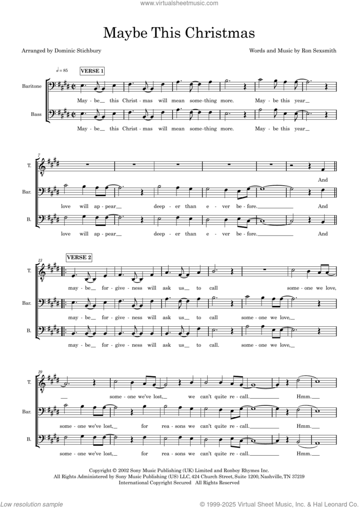 Maybe This Christmas (arr. Dom Stichbury) sheet music for choir (TTB: tenor, bass) by Ron Sexsmith and Dom Stichbury, intermediate skill level