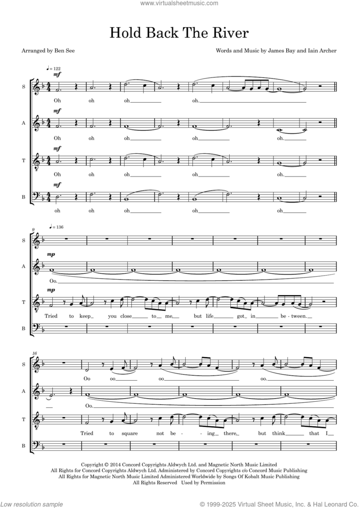 Hold Back The River (arr. Ben See) sheet music for choir (SATB: soprano, alto, tenor, bass) by James Bay, Ben See and Iain Archer, classical score, intermediate skill level
