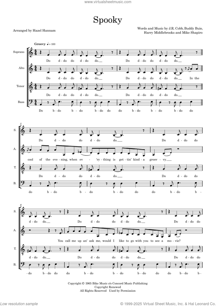 Spooky (arr. Hazel Hannam) sheet music for choir (SATB: soprano, alto, tenor, bass) by Dusty Springfield, Hazel Hannam, Buddy Buie, Harry Middlebrooks, J.R. Cobb and Mike Shapiro, intermediate skill level