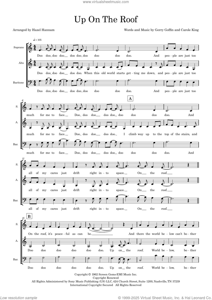 Up On The Roof (arr. Hazel Hannam) sheet music for choir (SAB: soprano, alto, bass) by The Drifters, Hazel Hannam, Carole King and Gerry Goffin, intermediate skill level