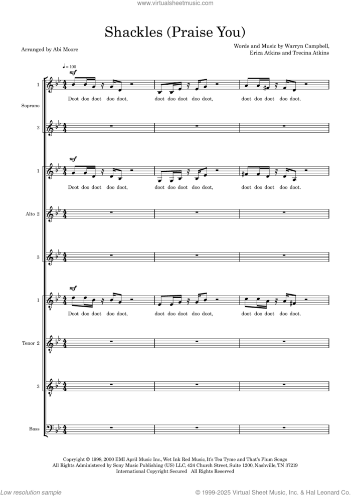 Shackles (Praise You) (arr. Abi Moore) sheet music for choir (SATB divisi) by Mary Mary, Abi Moore, Dennis Lambert, Duane Hitchings, Erica Atkins, Franne Golde, Trecina Atkins and Warrn Campbell, intermediate skill level
