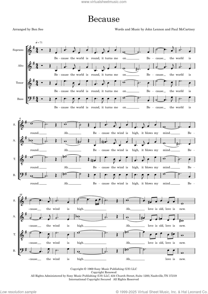 Because (arr. Ben See) sheet music for choir (SATB: soprano, alto, tenor, bass) by The Beatles, Ben See, John Lennon and Paul McCartney, intermediate skill level
