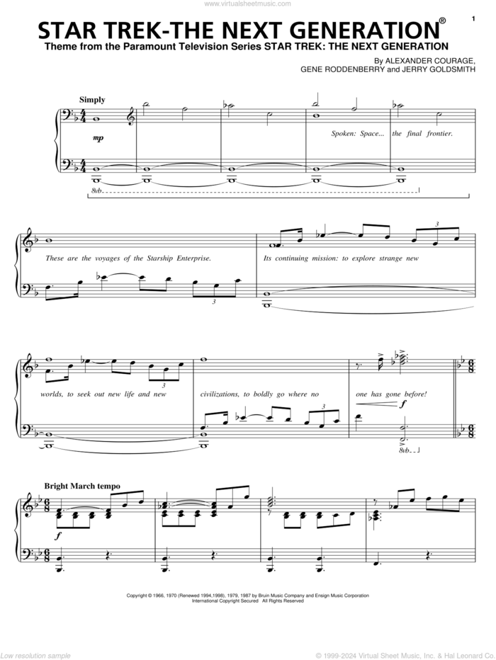 Star Trek - The Next Generation, (intermediate) sheet music for piano solo by Gene Roddenberry, Star Trek(R), Alexander Courage and Jerry Goldsmith, intermediate skill level