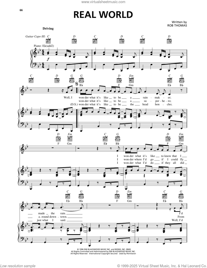 Real World sheet music for voice, piano or guitar by Matchbox Twenty and Rob Thomas, intermediate skill level