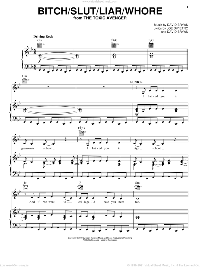 Bitch/Slut/Liar/Whore sheet music for voice, piano or guitar by Joe DiPietro, The Toxic Avenger (Musical) and David Bryan, intermediate skill level