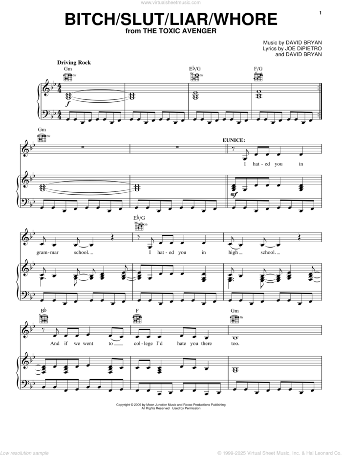 Bitch/Slut/Liar/Whore sheet music for voice, piano or guitar by Joe DiPietro, The Toxic Avenger (Musical) and David Bryan, intermediate skill level