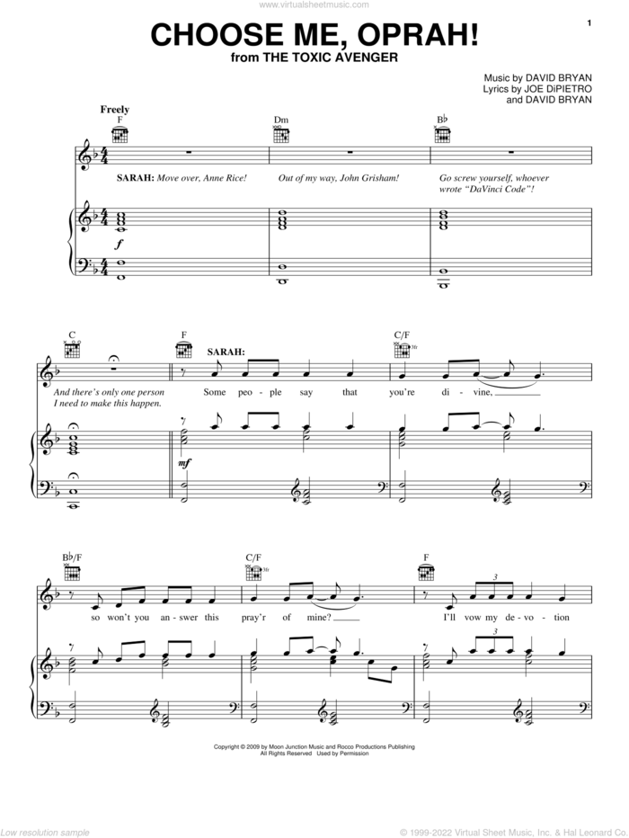Choose Me, Oprah! sheet music for voice, piano or guitar by Joe DiPietro, The Toxic Avenger (Musical) and David Bryan, intermediate skill level