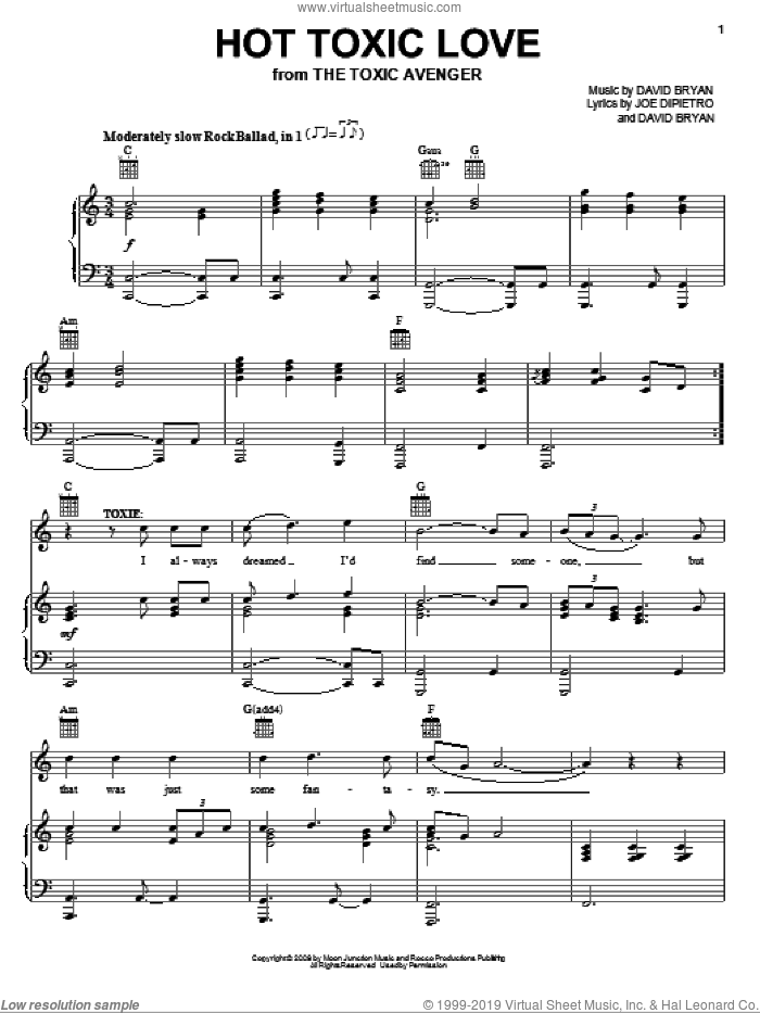 Hot Toxic Love sheet music for voice, piano or guitar by Joe DiPietro, The Toxic Avenger (Musical) and David Bryan, intermediate skill level