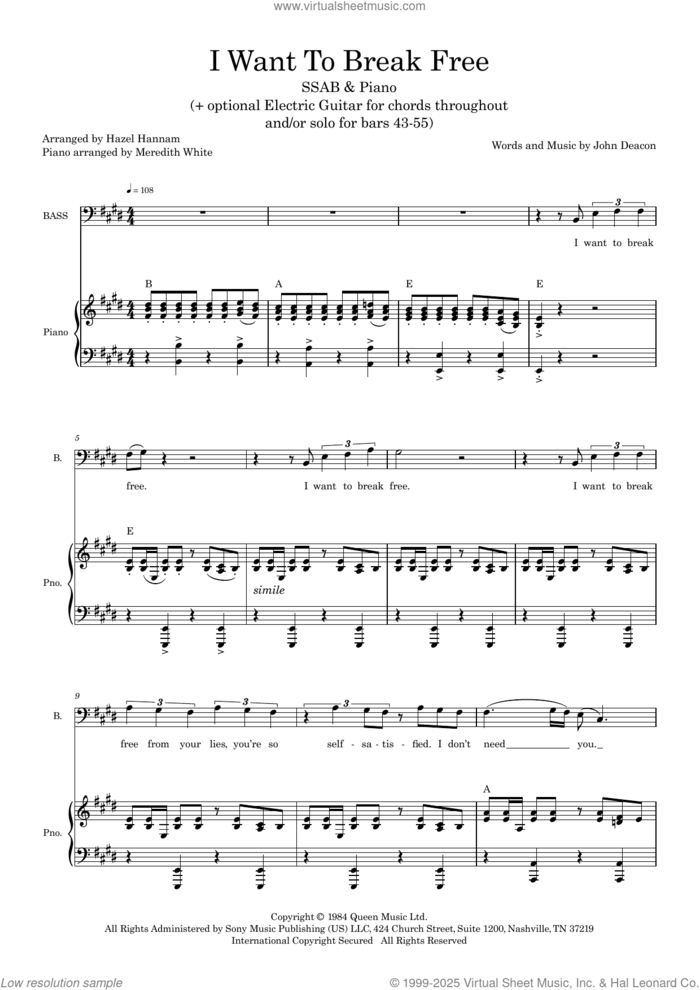 I Want To Break Free (arr. Hazel Hannam) (COMPLETE) sheet music for orchestra/band (SSAB) by Queen, Hazel Hannam and John Deacon, intermediate skill level