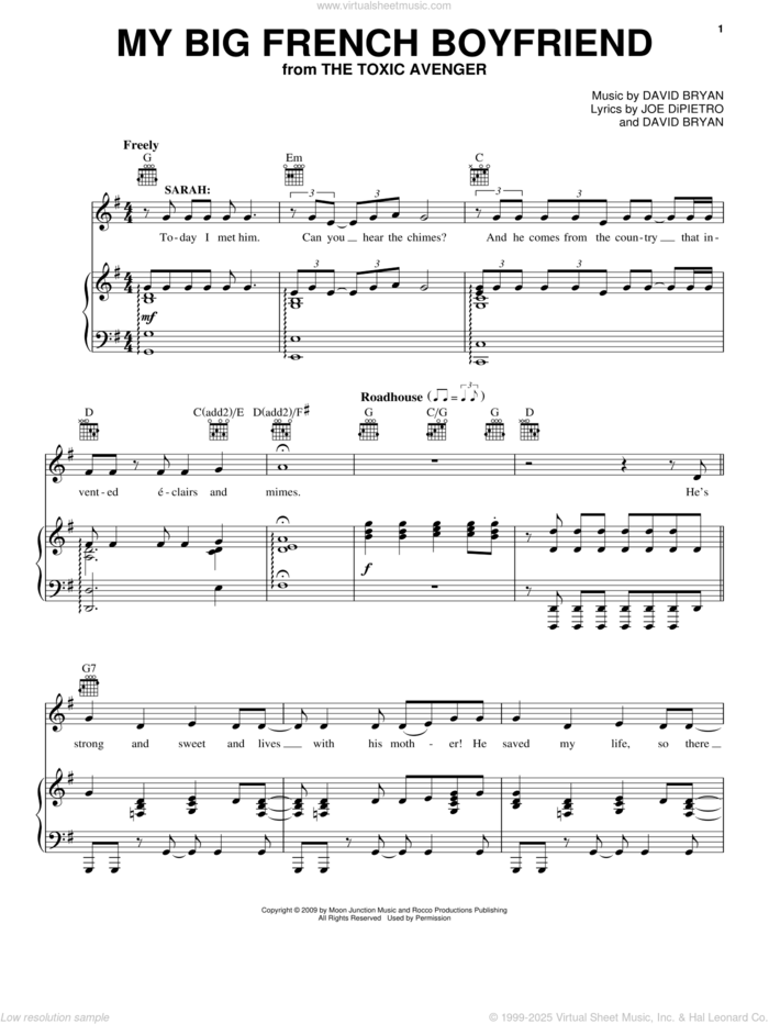 My Big French Boyfriend sheet music for voice, piano or guitar by Joe DiPietro, The Toxic Avenger (Musical) and David Bryan, intermediate skill level