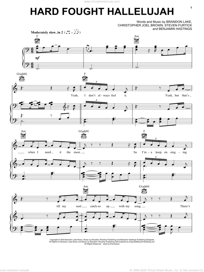 Hard Fought Hallelujah (with Jelly Roll) sheet music for voice, piano or guitar by Brandon Lake, Benjamin Hastings, Christopher Joel Brown and Steven Furtick, intermediate skill level