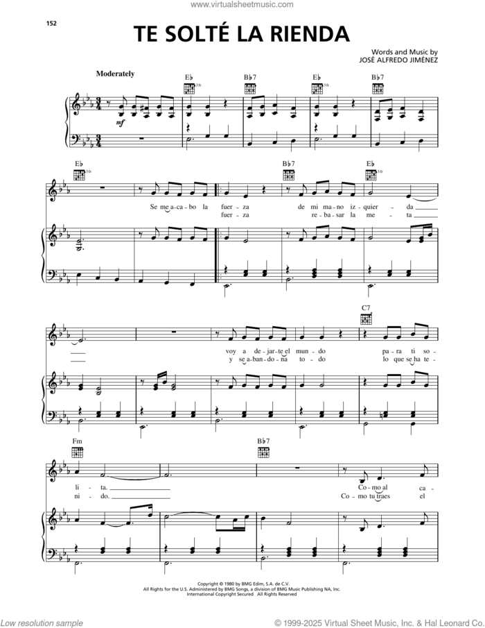 Te Solte La Rienda sheet music for voice, piano or guitar by Jose Alfredo Jimenez, intermediate skill level