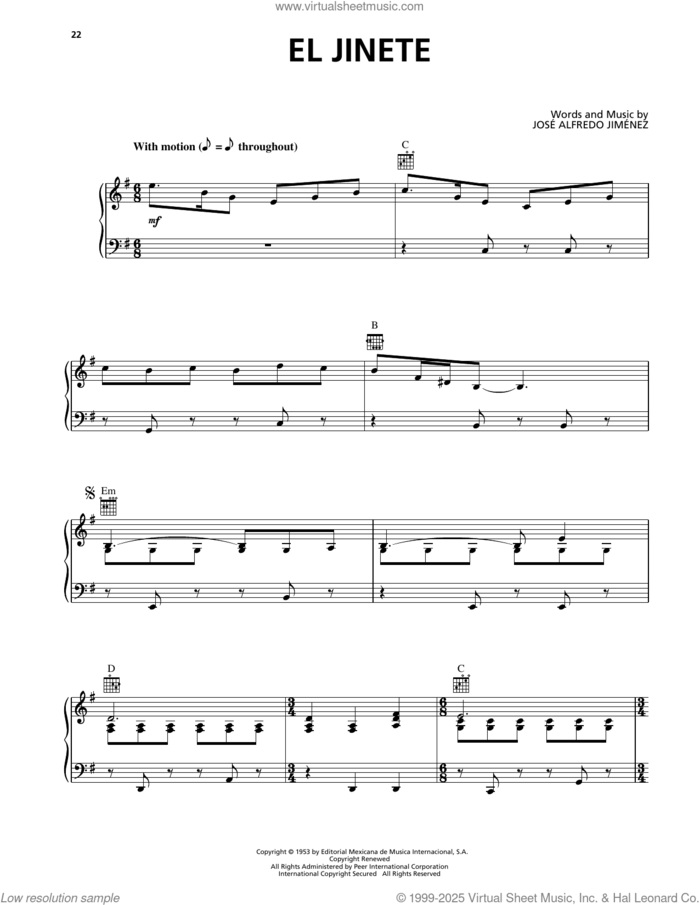El Jinete sheet music for voice, piano or guitar by Jose Alfredo Jimenez, intermediate skill level