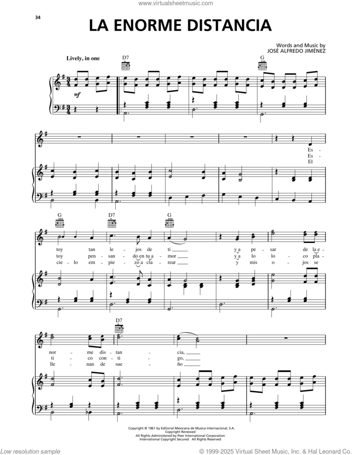 La Enorme Distancia sheet music for voice, piano or guitar by Jose Alfredo Jimenez, intermediate skill level