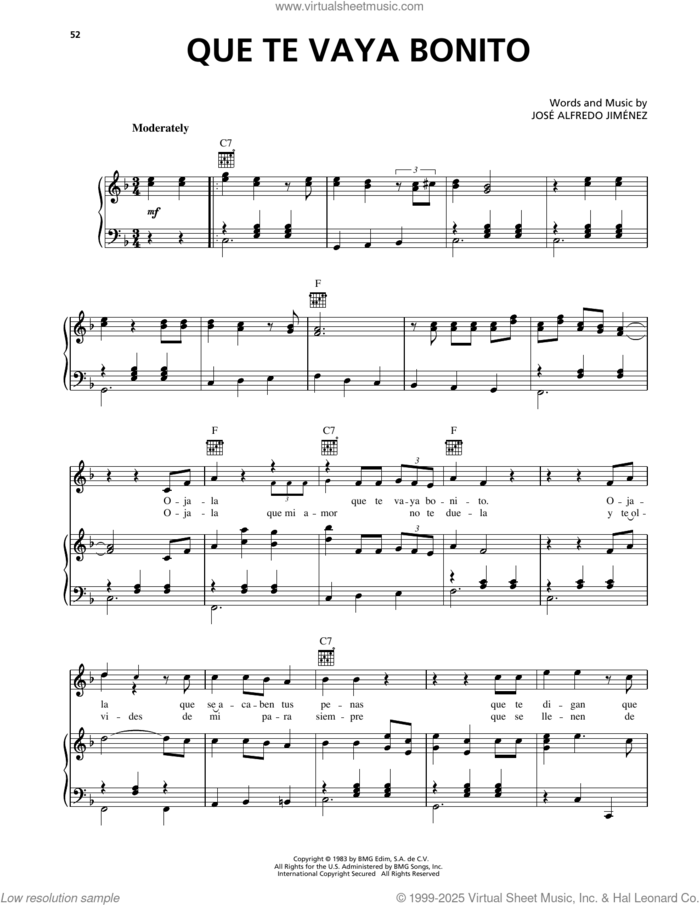Que Te Vaya Bonito sheet music for voice, piano or guitar by Jose Alfredo Jimenez, intermediate skill level