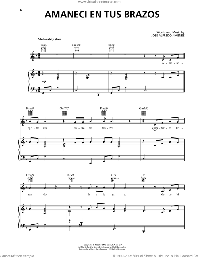 Amaneci En Tus Brazos sheet music for voice, piano or guitar by Jose Alfredo Jimenez, intermediate skill level