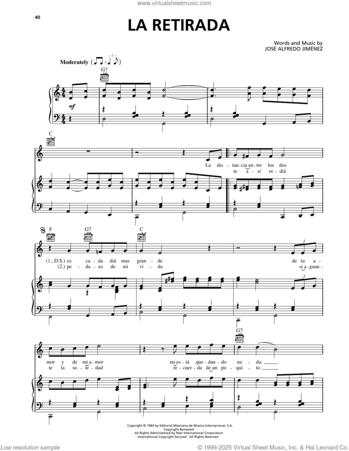 La Retirada sheet music for voice, piano or guitar by Jose Alfredo Jimenez, intermediate skill level