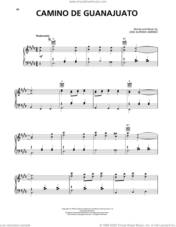 Camino De Guanajuato sheet music for voice, piano or guitar by Jose Alfredo Jimenez, intermediate skill level