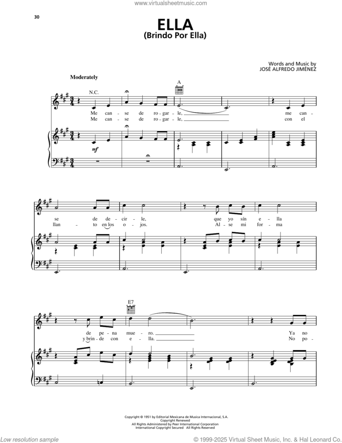 Ella (Brindo Por Ella) sheet music for voice, piano or guitar by Jose Alfredo Jimenez, intermediate skill level