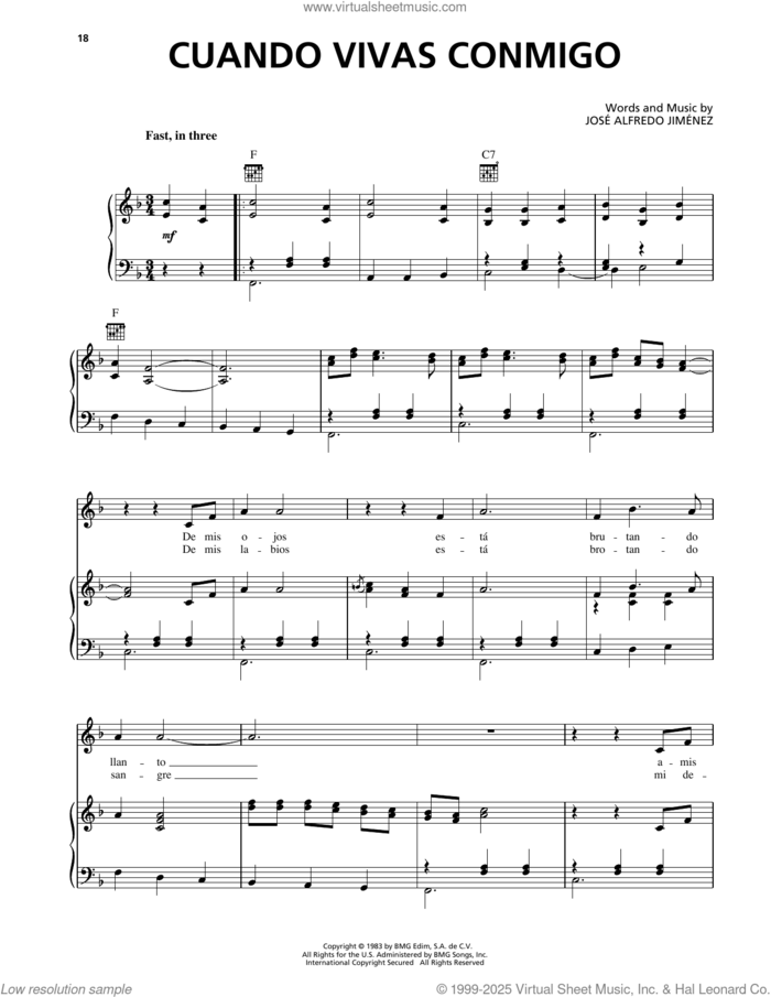 Cuando Vivas Conmigo sheet music for voice, piano or guitar by Jose Alfredo Jimenez, intermediate skill level