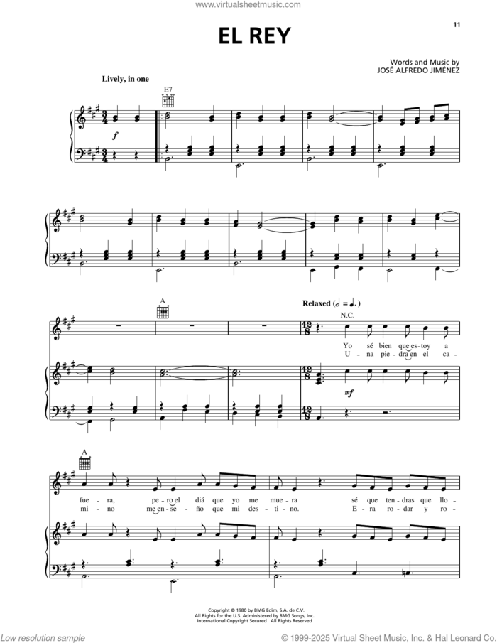 El Rey sheet music for voice, piano or guitar by Jose Alfredo Jimenez and Jose Alfredo Jimenez Sandoval, intermediate skill level